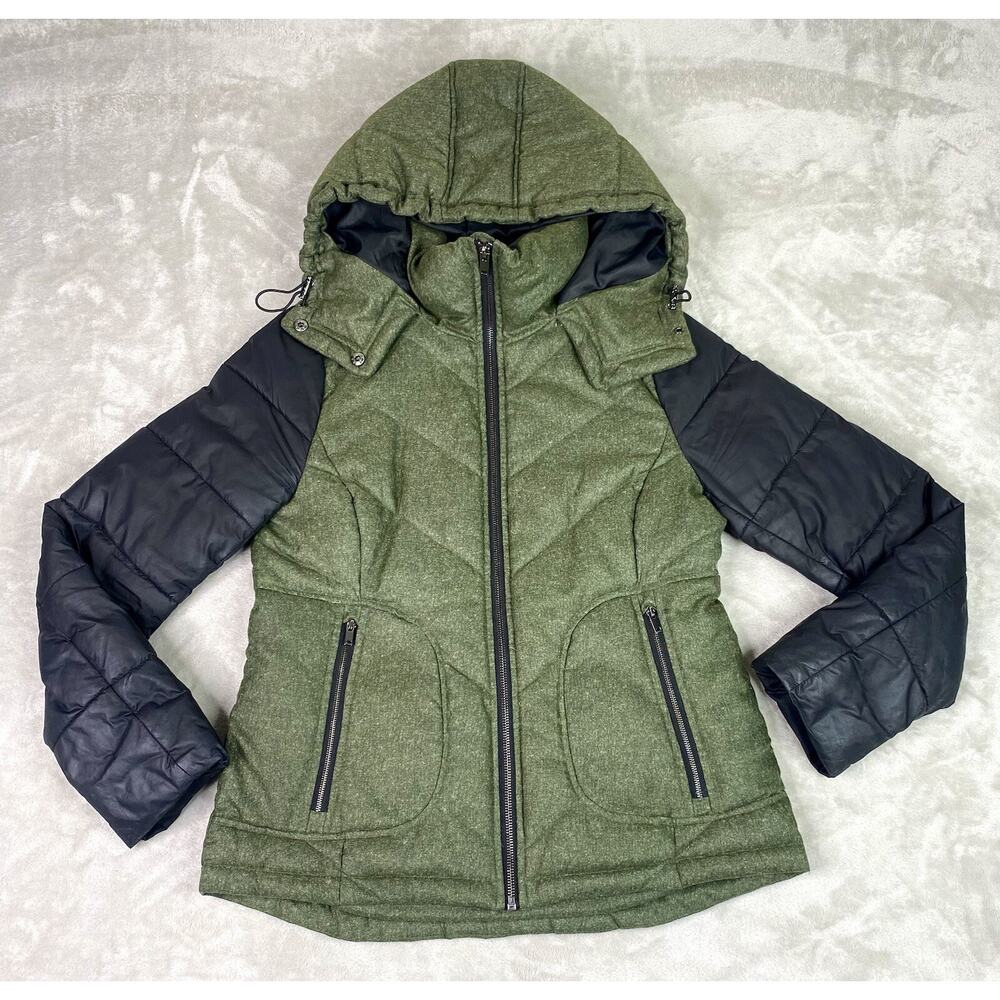 METAPHOR Green Herringbone/Black Quilted Insulated Hooded Zip Jacket Puffer Sz.S